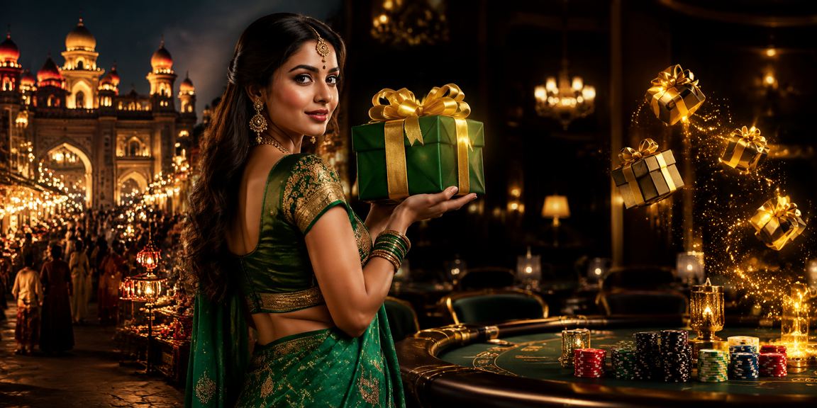 Indian woman playing baccarat in traditional saree at casino