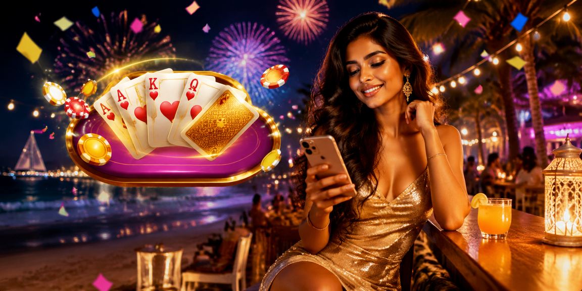 Indian player enjoying rummy game on beachside mobile device